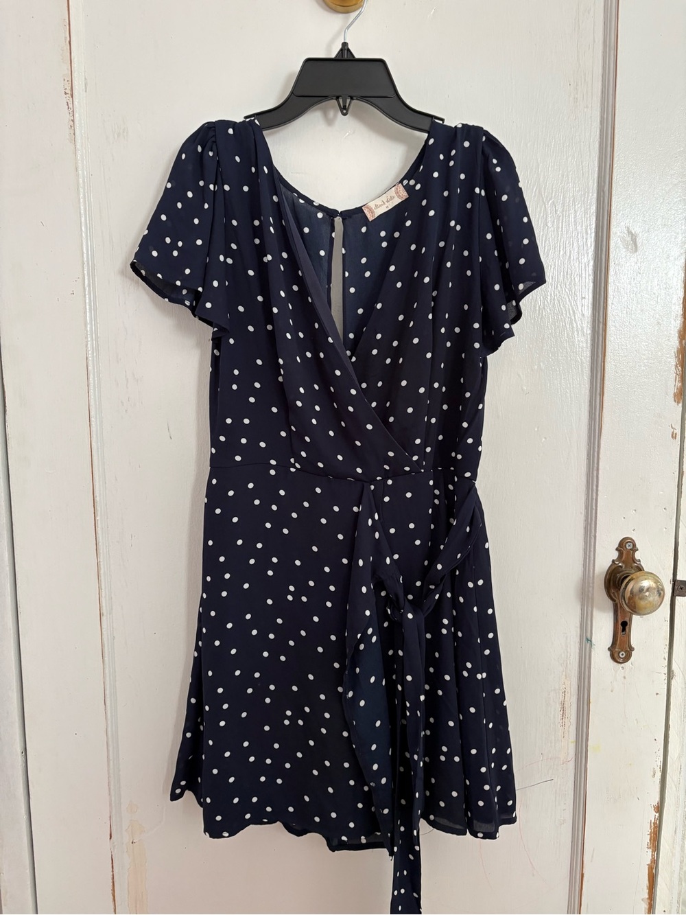 Altar'd State Navy with White Polka Dot Wrap Mini Dress